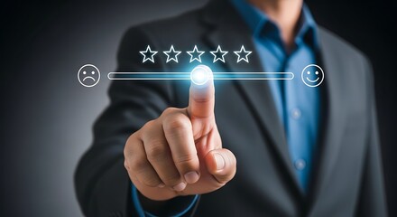 Man'S Finger Interacts With A Digital Rating System, Selecting A Positive Experience.