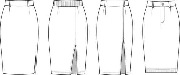 Pencil skirt CAD technical flat illustration, front and back views, fashion vector drawing, office skirt design, garment mockup