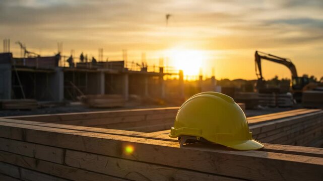 Yellow hard hat on lumber at a construction site during a vibrant sunset.