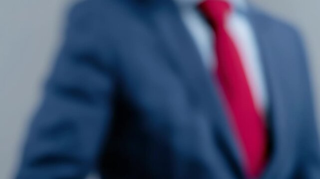 A man in a suit is shaking hands with another man. The man on the left is wearing a blue suit and tie, while the man on the right is wearing a red tie. Concept of professionalism and formality