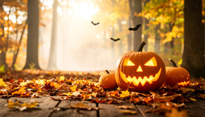 Autumn Forest Halloween Pumpkins.