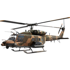 Fototapeta premium A military helicopter with camouflage paint and a missile on its tail.