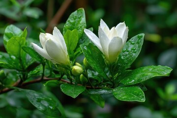 Fototapeta premium Two delicate white flowers, fresh green leaves, and water droplets