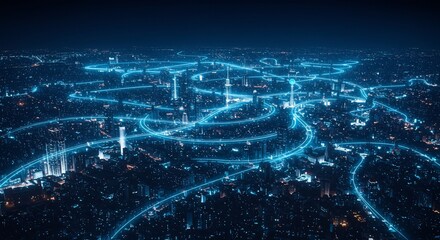 Futuristic cityscape with glowing blue digital connections representing a global data network.