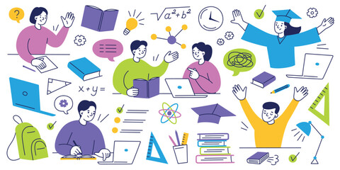 Flat cartoon vector set of students and pupils studying, raising hands, graduating, doing homework. Collection of books, stationery doodles, math formulas, question. Education and school visuals © Elena