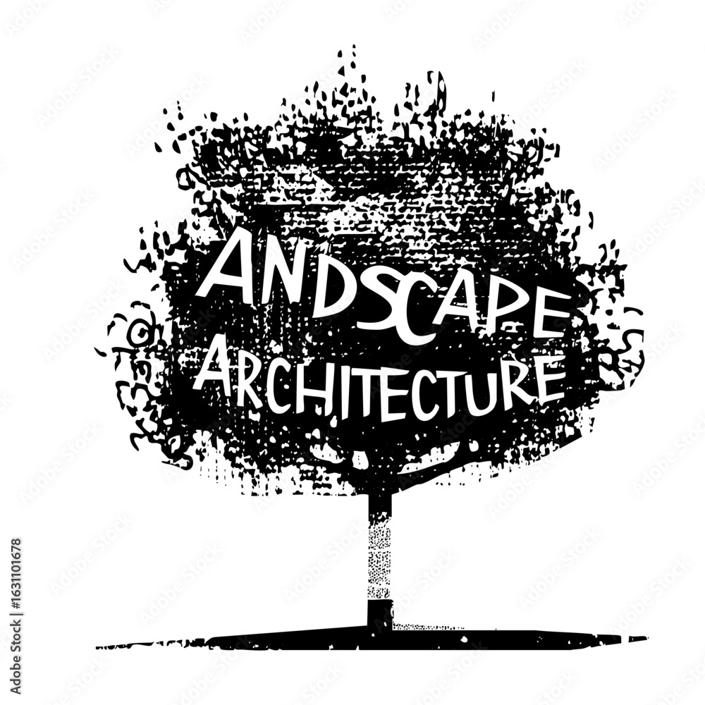 Poster vector stylized tree with prominent landscape architecture typography.