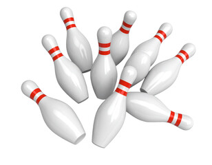 Bowling pins scattered in a cluster