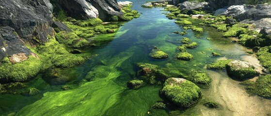 Shallow, mossy pool by rocks