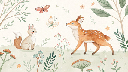 Obraz premium Watercolor forest animals fox rabbit butterflies nature scene woodland illustration art print nursery decor