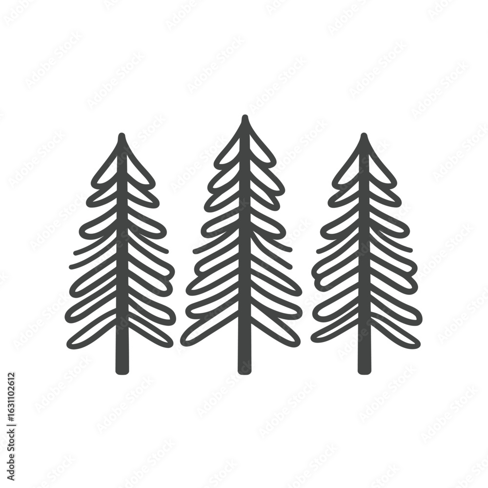Poster three monochrome line drawing fir trees isolated on transparent backdrop minimal art