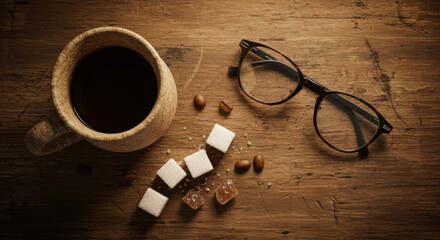 Coffee cup with sugar cubes and glasses on a wooden table