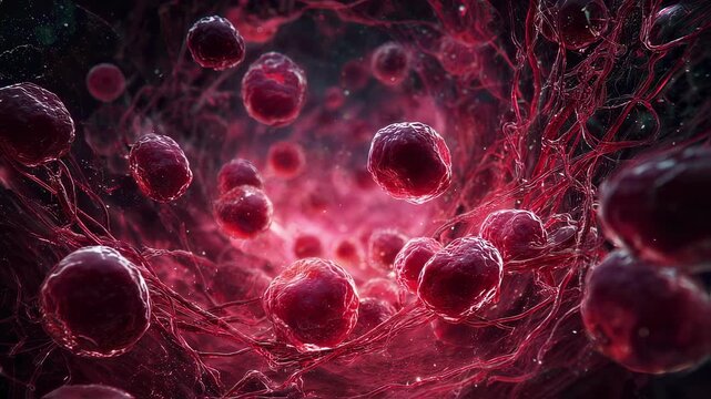 3D visualization of distorted spherical erythrocytes accumulating within splenic tissue casting a dark crimson glow over inflamed vascular networks.
