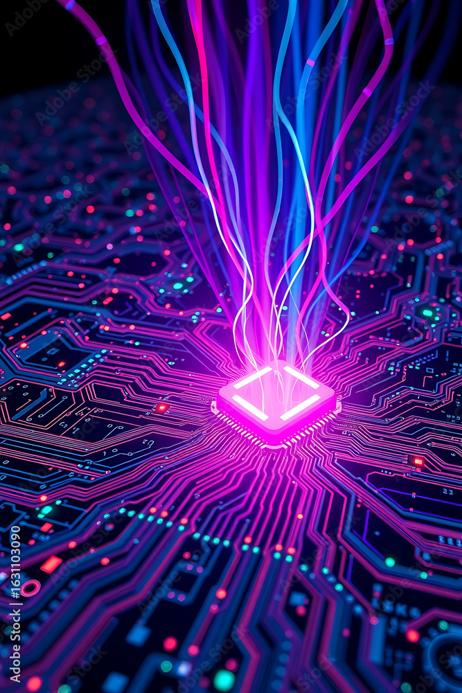 Aufkleber a vibrant, digital illustration of a central processing unit with data streams.