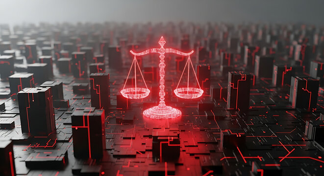 Glowing red digital scales of justice illuminated in a futuristic abstract cityscape symbolizing technology and law