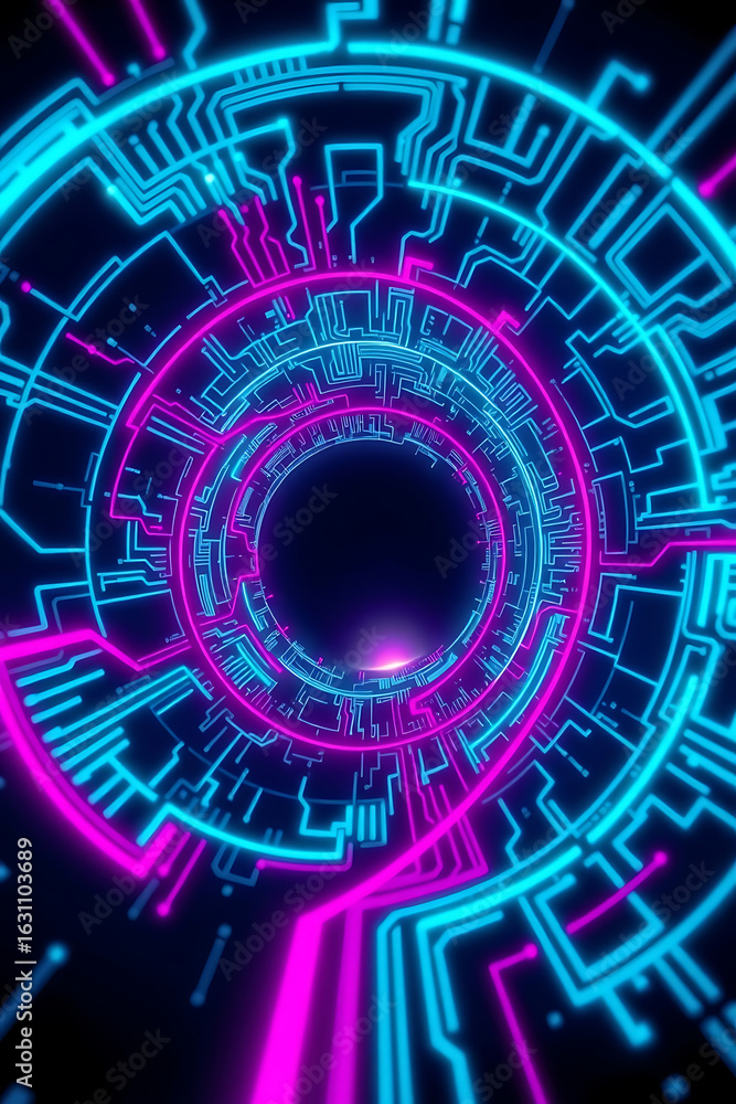 Poster abstract digital illustration featuring glowing neon blue and pink circuit patterns forming concentr