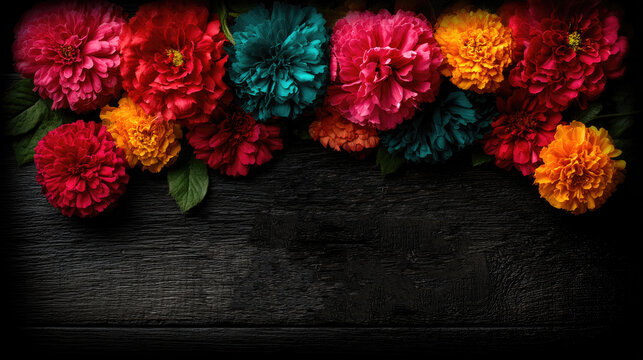 Vibrant Zinnia and Marigold Floral Border on Dark Wooden Background for Festive Decor - Powered by Adobe