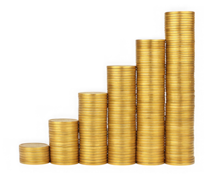 Stacks of gold coins arranged in a rising graph isolated on transparent background