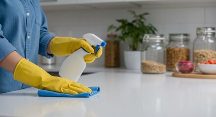 Person in yellow gloves cleaning a white countertop with a blue cloth and spray bottle