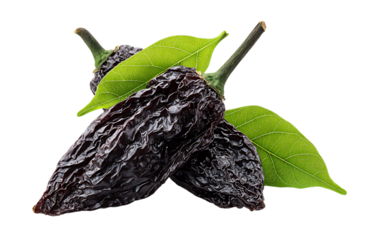 Close up of dried ancho chiles with green leaves.