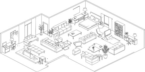 Isometric modern home interior layout, black and white furniture floor plan, living room bedroom office setup, detailed apartment vector, minimal architectural drawing, line art