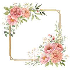 Elegant watercolor floral arrangement with delicate pink roses and greenery forming a decorative border around a golden geometric frame isolated on transparent background
