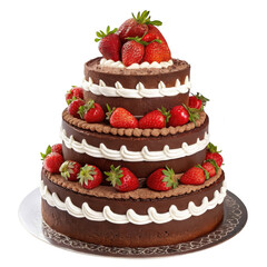 Elegant chocolate tiered wedding cake decorated with fresh strawberries and cream frosting isolated on transparent background