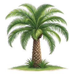 A lush green palm tree with a textured brown trunk stands tall on a small grassy island isolated on transparent background