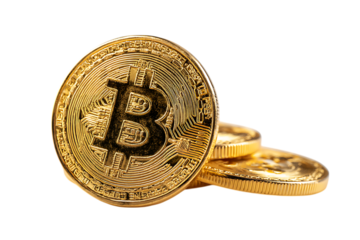 Close up of golden Bitcoin cryptocurrency coins.