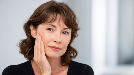 Mature woman with worried expression touching her sagging cheek skin. portrait focused on aging, beauty, and skincare concern for middle aged female with brown hair