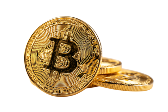 Close up of golden Bitcoin cryptocurrency coins.