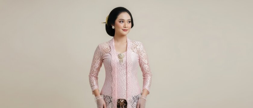 Javanese Woman Wearing Kebaya and Transparent Gloves