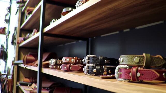 Display of Leather Dog Collars with Silver and Golden Studs on Wooden Shelves in Pet Store
