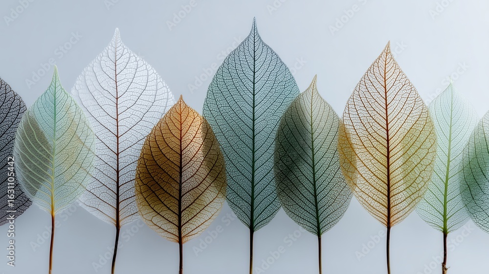 Poster delicate skeletal leaves arranged in a linear pattern against a light background.