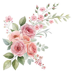 Elegant watercolor floral arrangement featuring delicate pink roses and lush green leaves creating a beautiful decorative corner element isolated on transparent background
