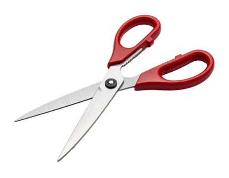 Red scissors cut craft tool sharp instrument blade on transparent background