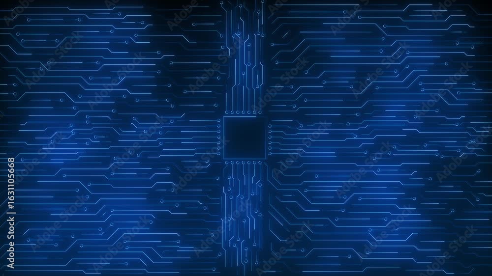 Poster circuit board animation luminous blue paths technological flow. digital connections from central chi