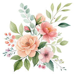 Delicate watercolor floral arrangement featuring soft peach and pink roses with green leaves and small berries isolated on transparent background