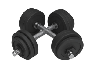 Two crossed dumbbells suggest strength training and fitness equipment for building muscles.