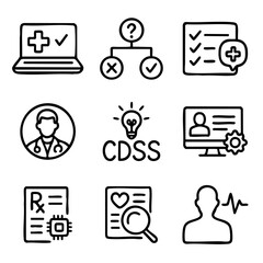 A set of doodle line icons CDSS clinical decision support system, patient data, prescriptions, diagnostics, and healthcare tools