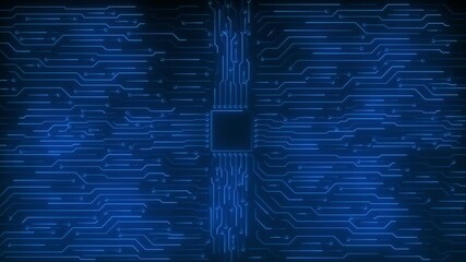 Circuit board animation luminous blue paths technological flow. digital connections from central chip creates ideal backdrop for tech intros, AI concepts, data systems, futuristic innovation visuals. - Powered by Adobe