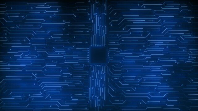 Circuit board animation luminous blue paths technological flow. digital connections from central chip creates ideal backdrop for tech intros, AI concepts, data systems, futuristic innovation visuals. - Powered by Adobe