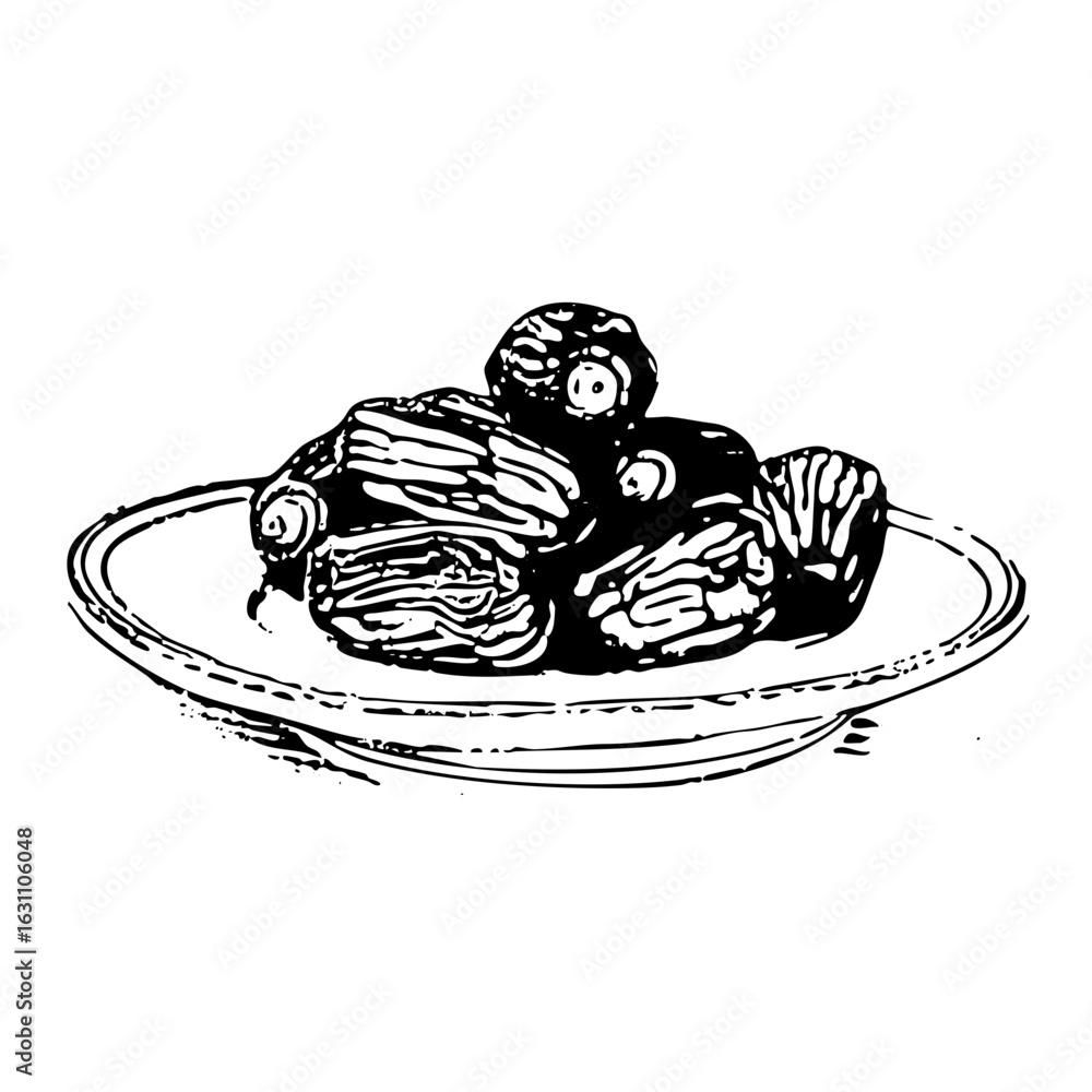 Poster vector arrangement of dark textured dates presented on a circular plate.