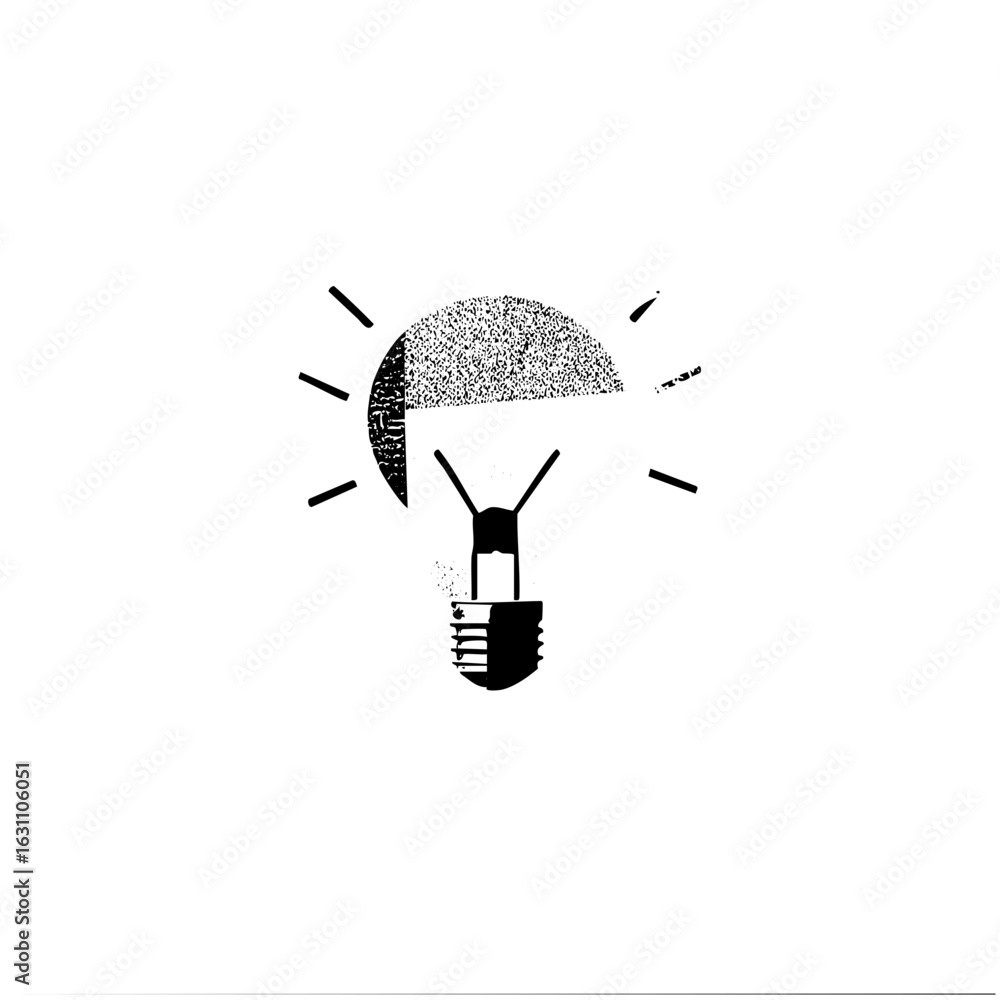 Poster vector minimalist lightbulb with radiating lines and dotted fill.