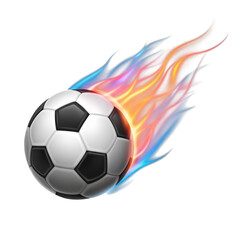 Dynamic soccer ball ablaze with vibrant multi colored flames in motion creating a powerful visual effect isolated on transparent background
