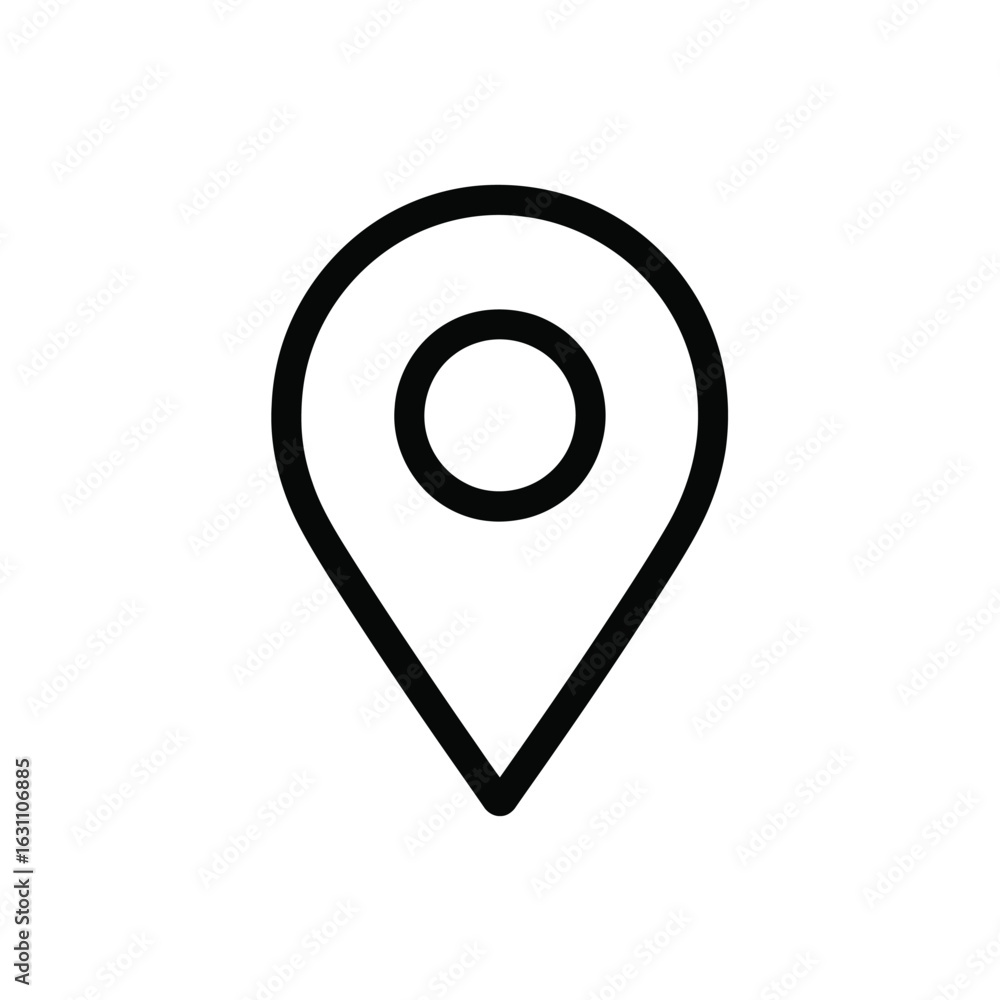 Poster black location pin icon on white background represents map pointer or navigation symbol