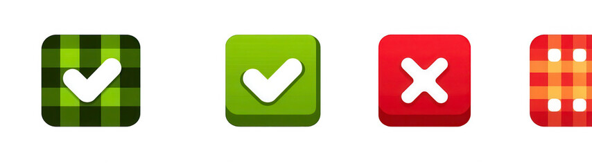 Obraz premium Three square buttons, green check, red X, and orange plaid