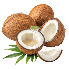 Fresh ripe coconuts whole and halved with coconut oil dripping and green leaves isolated on transparent background