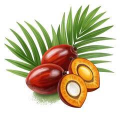 Freshly harvested ripe red palm oil fruits and green palm leaves arranged artistically isolated on transparent background