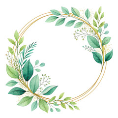 Elegant watercolor green leafy wreath with gold geometric frame for wedding invitations and floral designs isolated on transparent background
