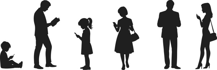 Silhouette people using mobile phones, digital addiction concept, technology influence on children and adults, vector illustration, flat vector illustration